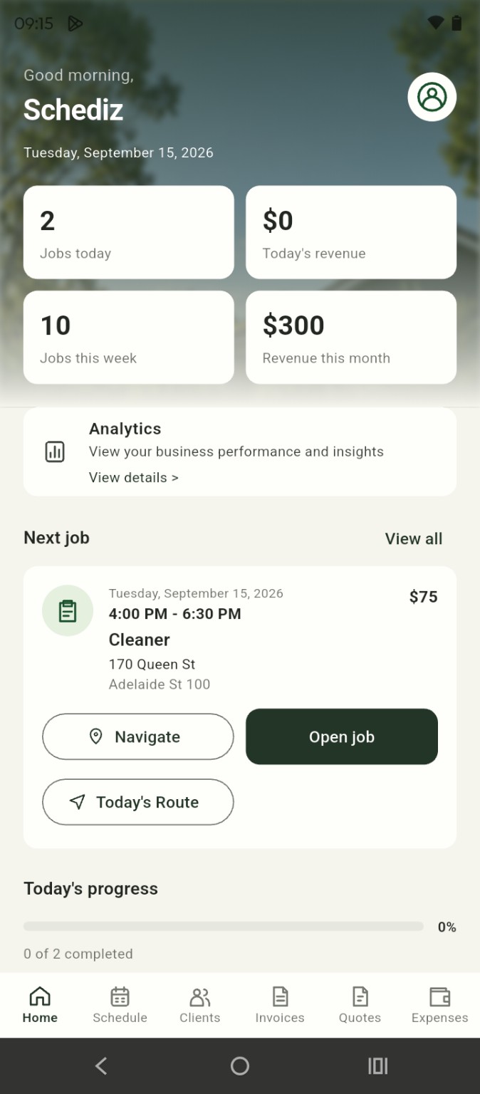 Actual Schediz Home screen with upcoming work and daily progress