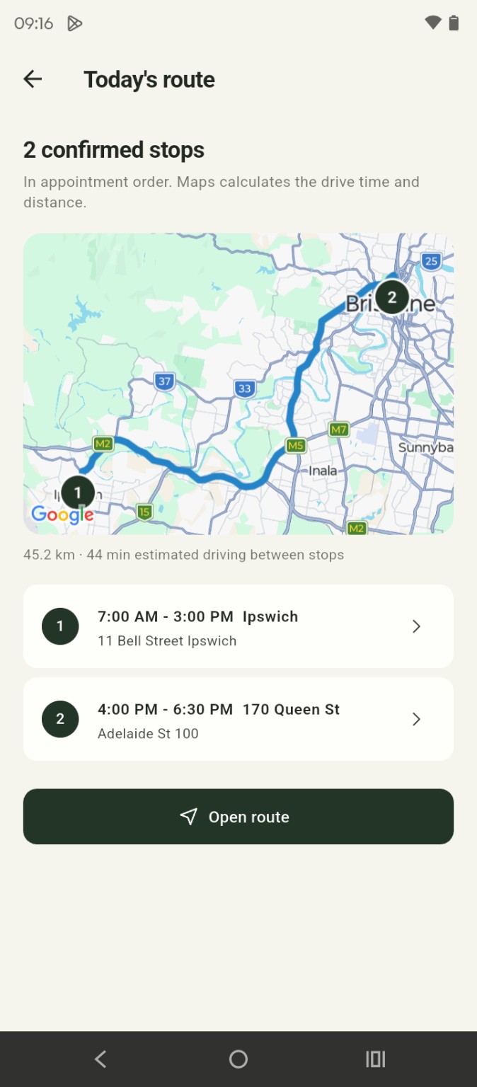Actual Schediz Today’s Route screen showing two stops and a map